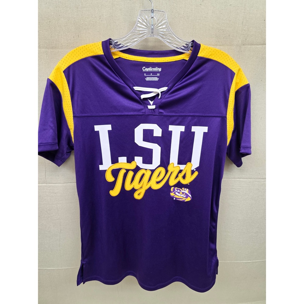 Captivating‎ LSU Tigers Jersey Womens Small Purple Gold Lace Up V-Neck Fan Shirt